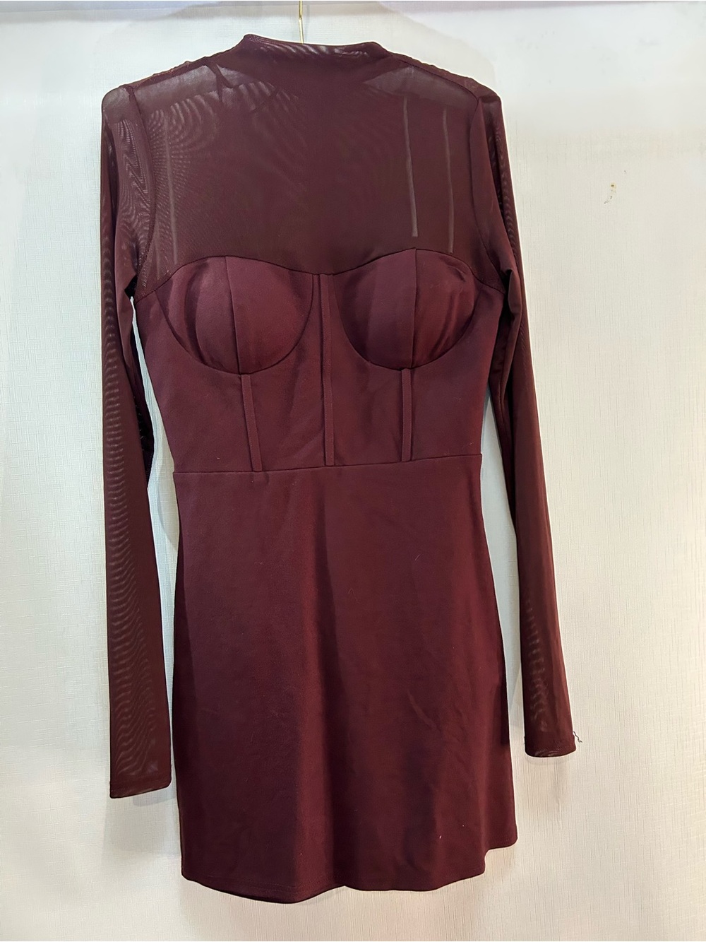 Lulu's Burgundy Long Sleeve Mesh Yoke Bodycon Dress